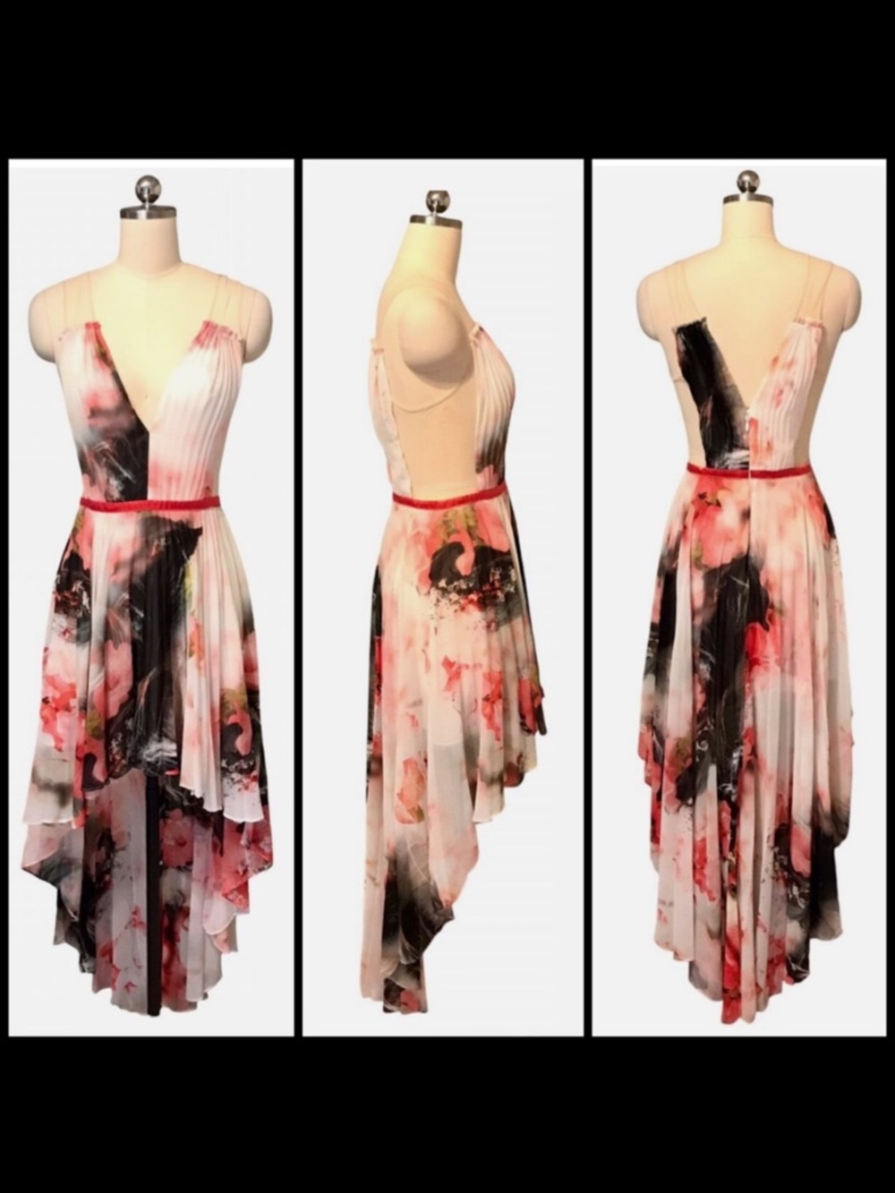 Bebe High Low Chiffon Pleated Maxi Dress Floral Illusion Sheer Dress 4 NWT